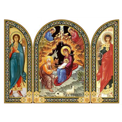 Nativity Icon Triptych with Archangel Michael and Gabriel - wood + gold foil - 6 1/4 Inch tall