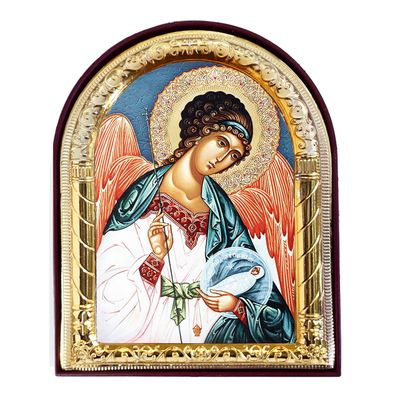 Guardian Angel with Baby Gold Foil Arched Icon