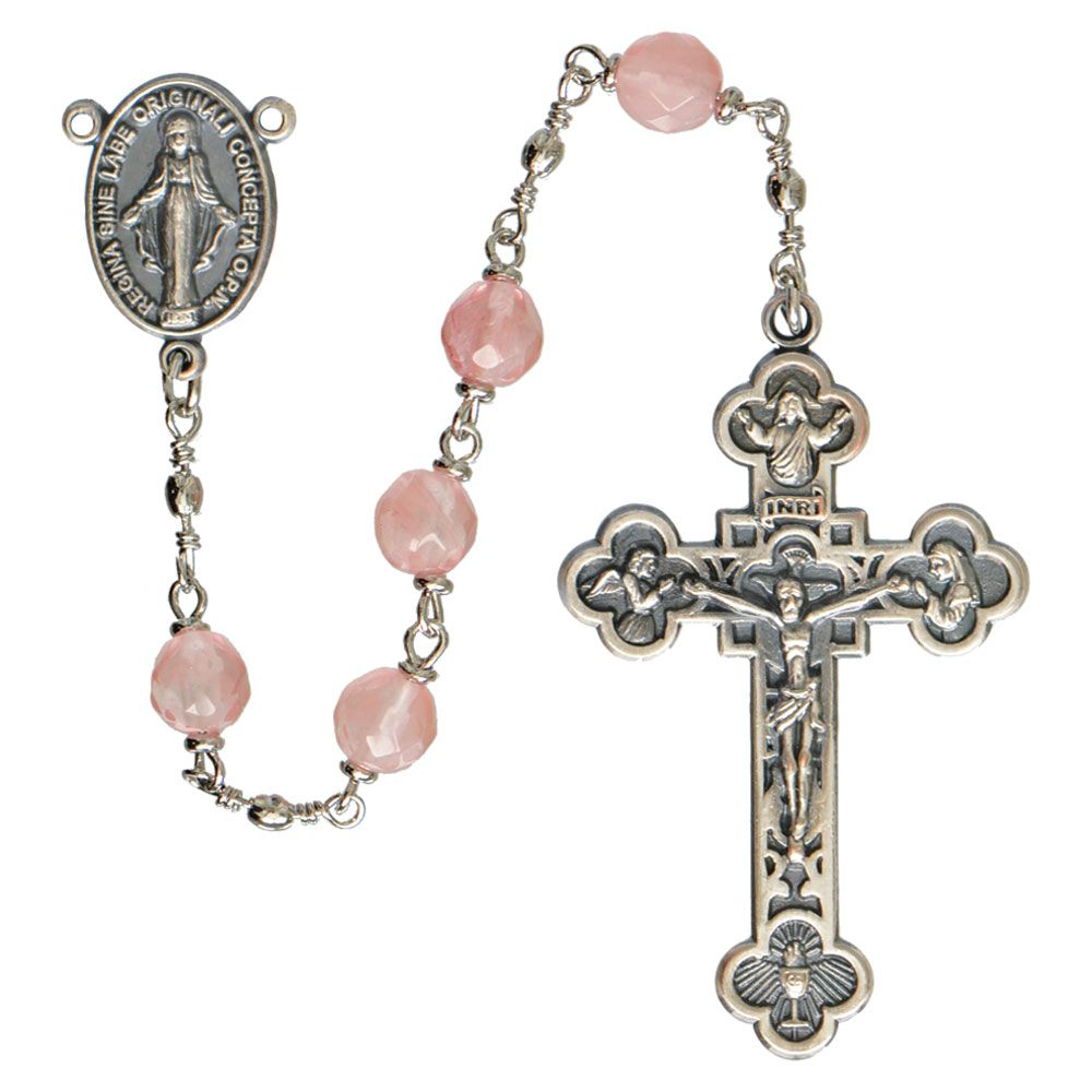 Rosary 5-decade: Rose Quartz with Miraculous Medal 6mm, black velveteen box