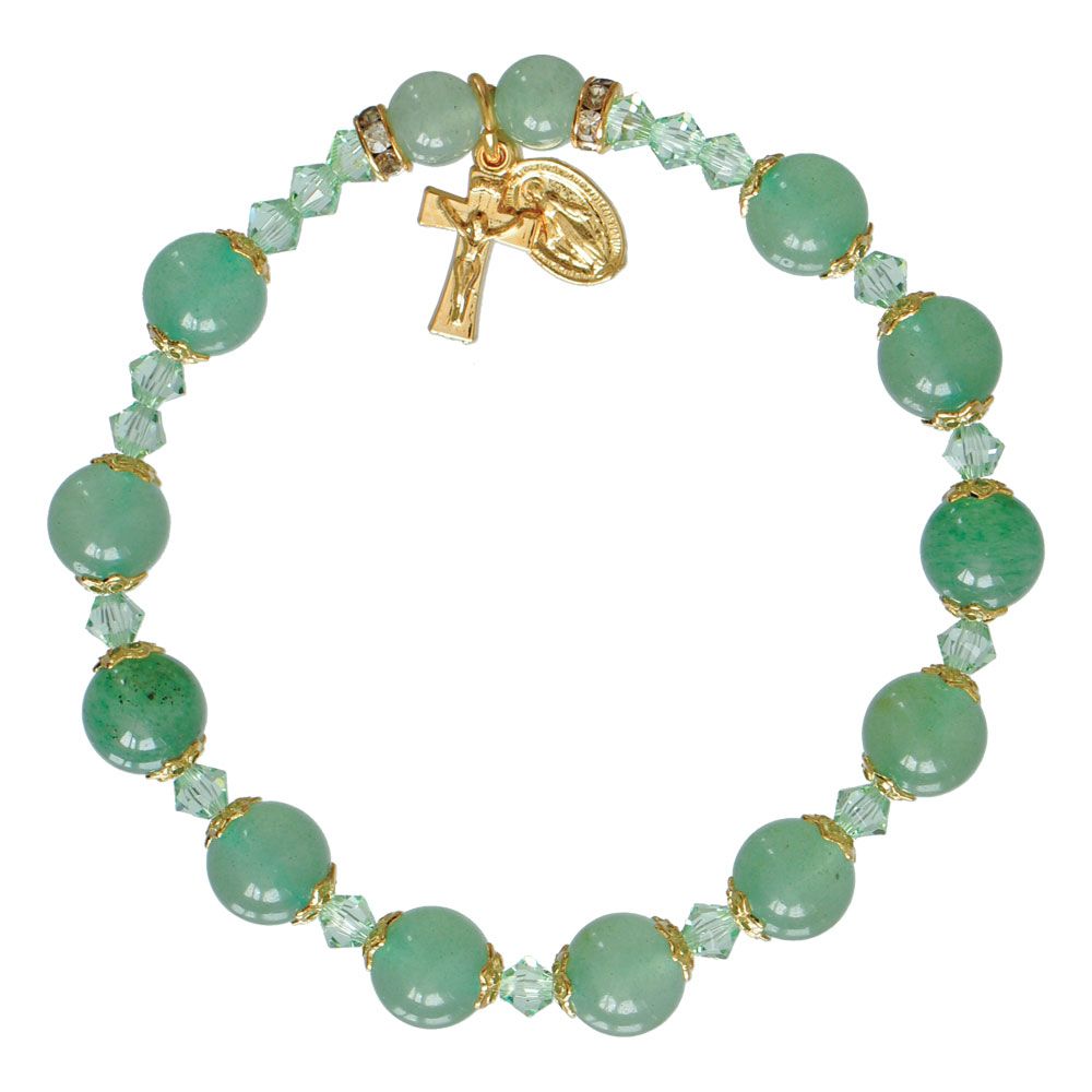 Rosary Bracelet Genuine Green Jade w/ Cross + MM dangle 8mm