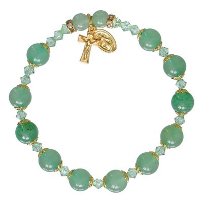 Rosary Bracelet Genuine Green Jade w/ Cross + MM dangle 8mm