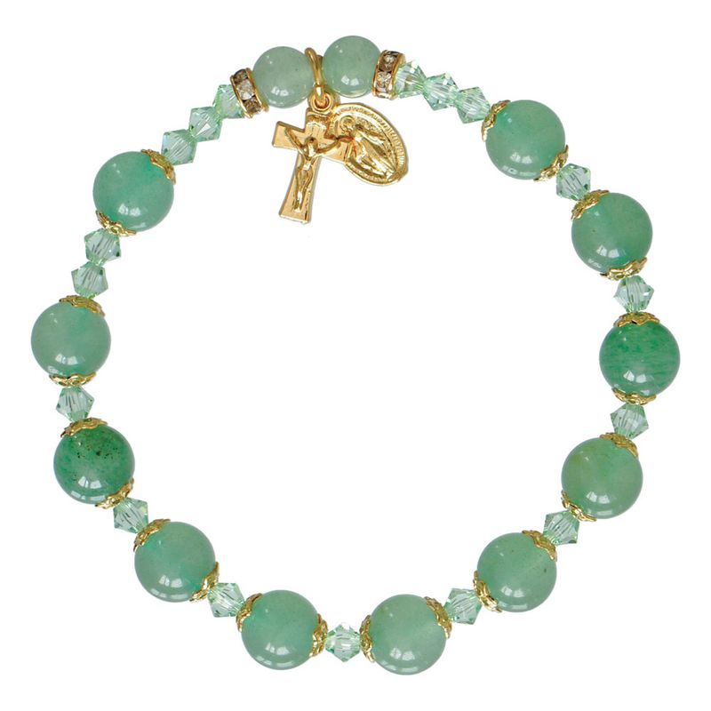 Rosary Bracelet Genuine Green Jade w/ Cross + MM dangle 8mm