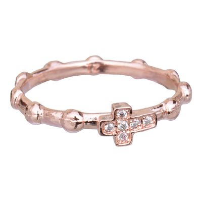 Rosary Ring sterling silver pink gold plated w/inline cross crystal (various sizes)