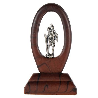 Auto Statue wood brown oval open w/pewter St Christopher 2.5&quot; boxed