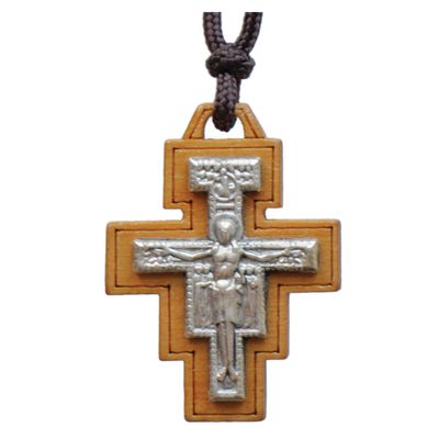 Necklace San Damiano cross wood light w/silver corpus, brown cord 1&quot;