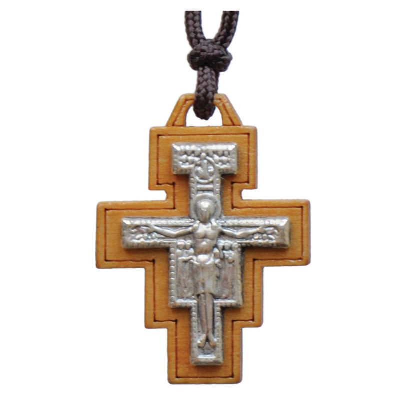 Necklace San Damiano cross wood light w/silver corpus, brown cord 1&quot;