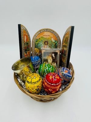 Resurrection Icons (2x) + Ukrainian Pysanky Wooden Eggs Devotional Easter Basket