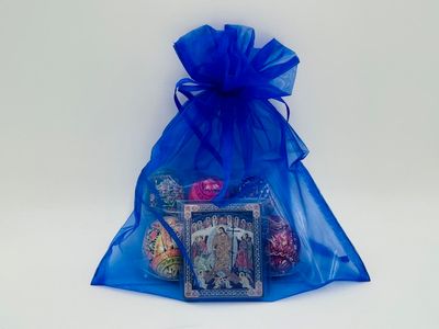 6 Colorful Wooden Ukrainian Pysanky Eggs + Resurrection Wooden Icon 3 Inch