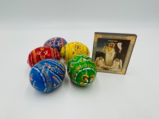 5 Colorful Wooden Ukrainian Pysanky Eggs + Resurrection Icon 3&quot; x 2.5&quot;