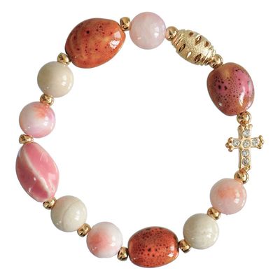 Rosary Bracelet Gemstone Ceramic Pink/White 10mm