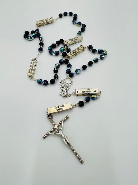 Rosary + Mysteries-  aurora blue 7mm w/ rectangular prism Pater, clear case