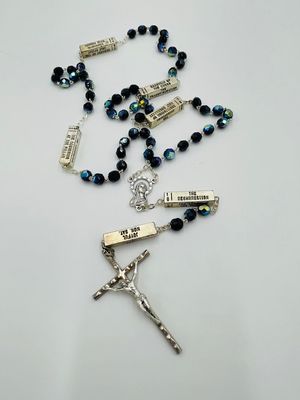 Rosary + Mysteries-  aurora blue 7mm w/ rectangular prism Pater, clear case