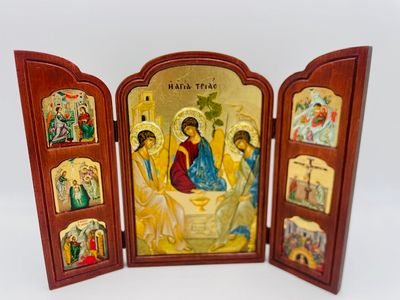 Rublev Holy Trinity Silk Screen Triptych Icon - 14&quot; x  10.25&quot;