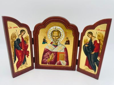 Saint Nicholas + Angels Silk Screen Triptych Icon - 12.5&quot; x  8.75&quot;
