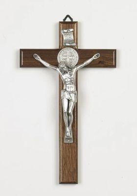 St Benedict Nut Wood Cross with Silver tone corpus
