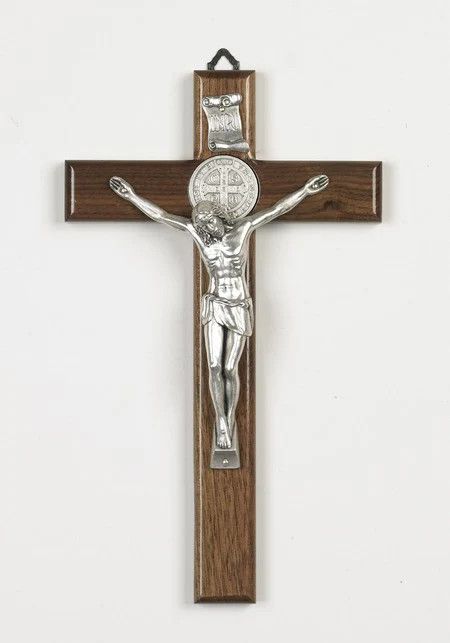 St Benedict Nut Wood Cross with Silver tone corpus