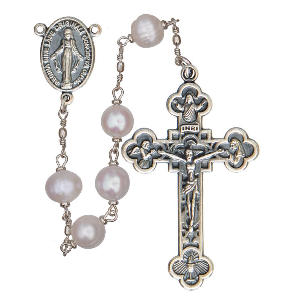 Rosary 5 Decade Pewter/Pearl Round Bead 8mm