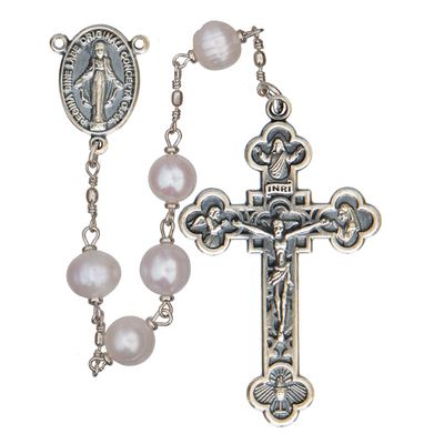 Rosary 5 Decade Pewter/Pearl Round Bead 8mm