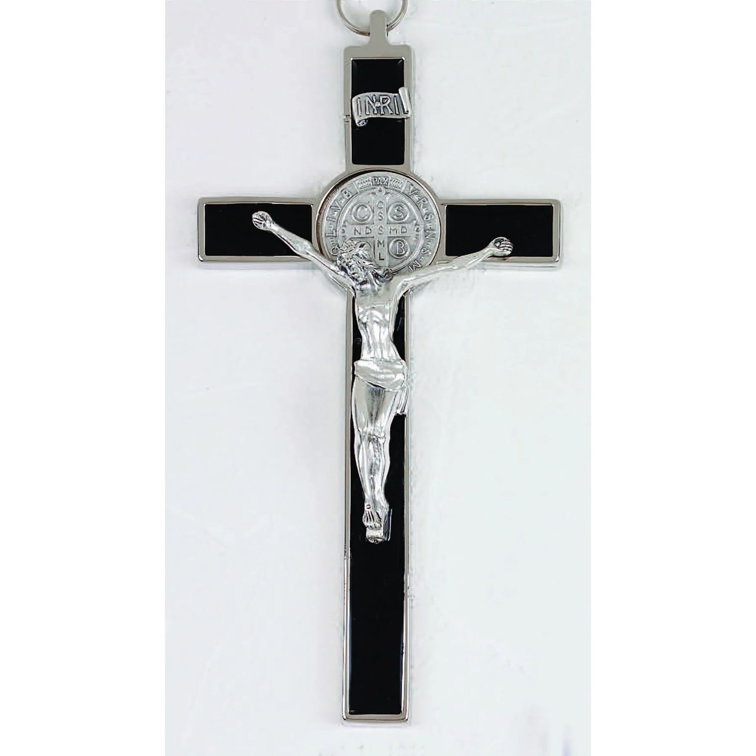 Crucifix St Benedict Medal silver tone/black enamel 8&quot;