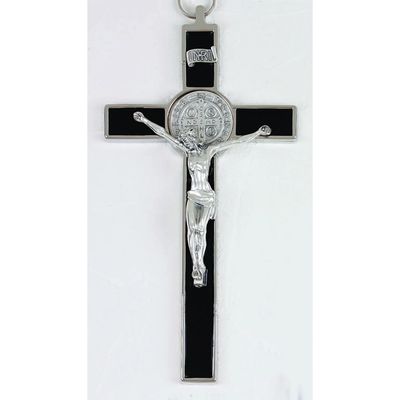 Crucifix St Benedict Medal silver tone/black enamel 8&quot;