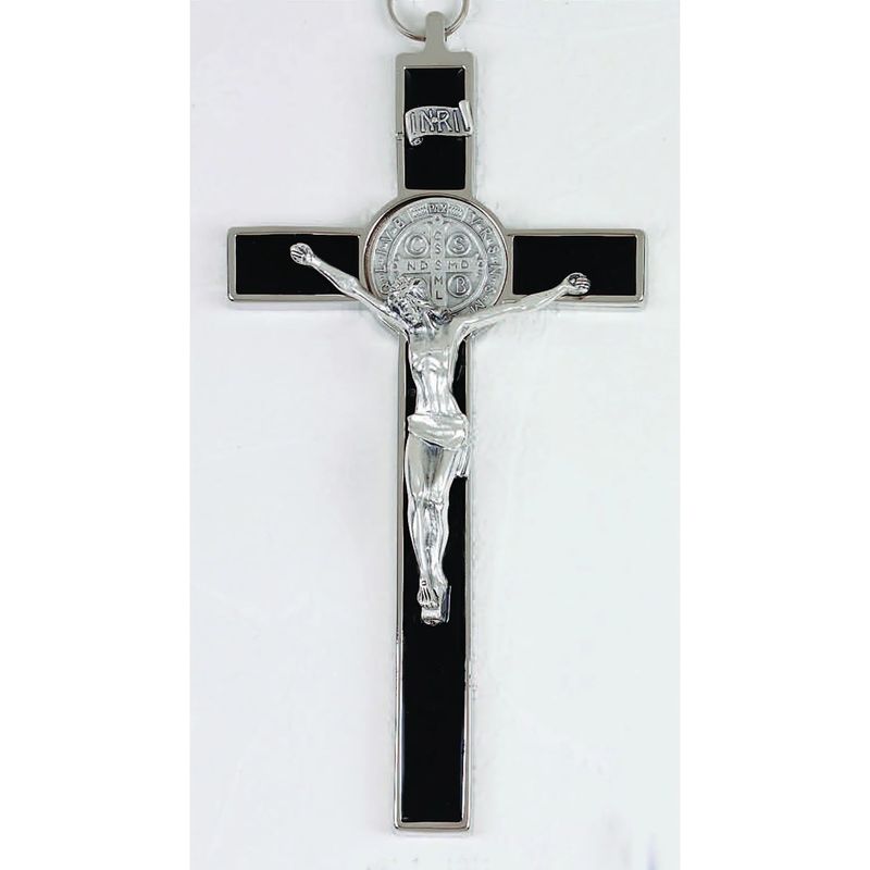 Crucifix St Benedict Medal silver tone/black enamel 8&quot;