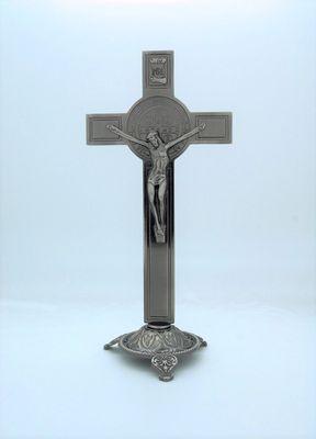 St Benedict Standing Cross, Silver tone 7.5&quot;