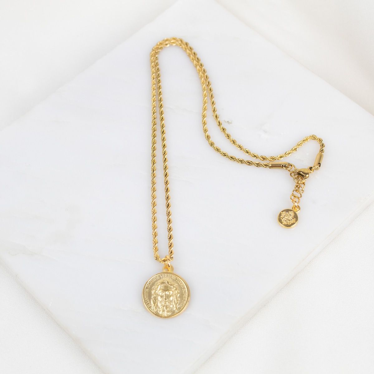 Seek Him Holy Face of Jesus Necklace - 18K Gold Plated on 18&quot; Rope Chain