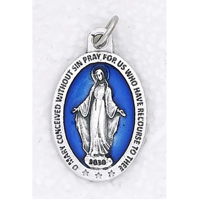 Miraculous Medal 1&quot; silver tone/blue enamel