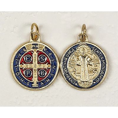 Medal St Benedict gold/enamel blue &amp; red 3/4&quot;