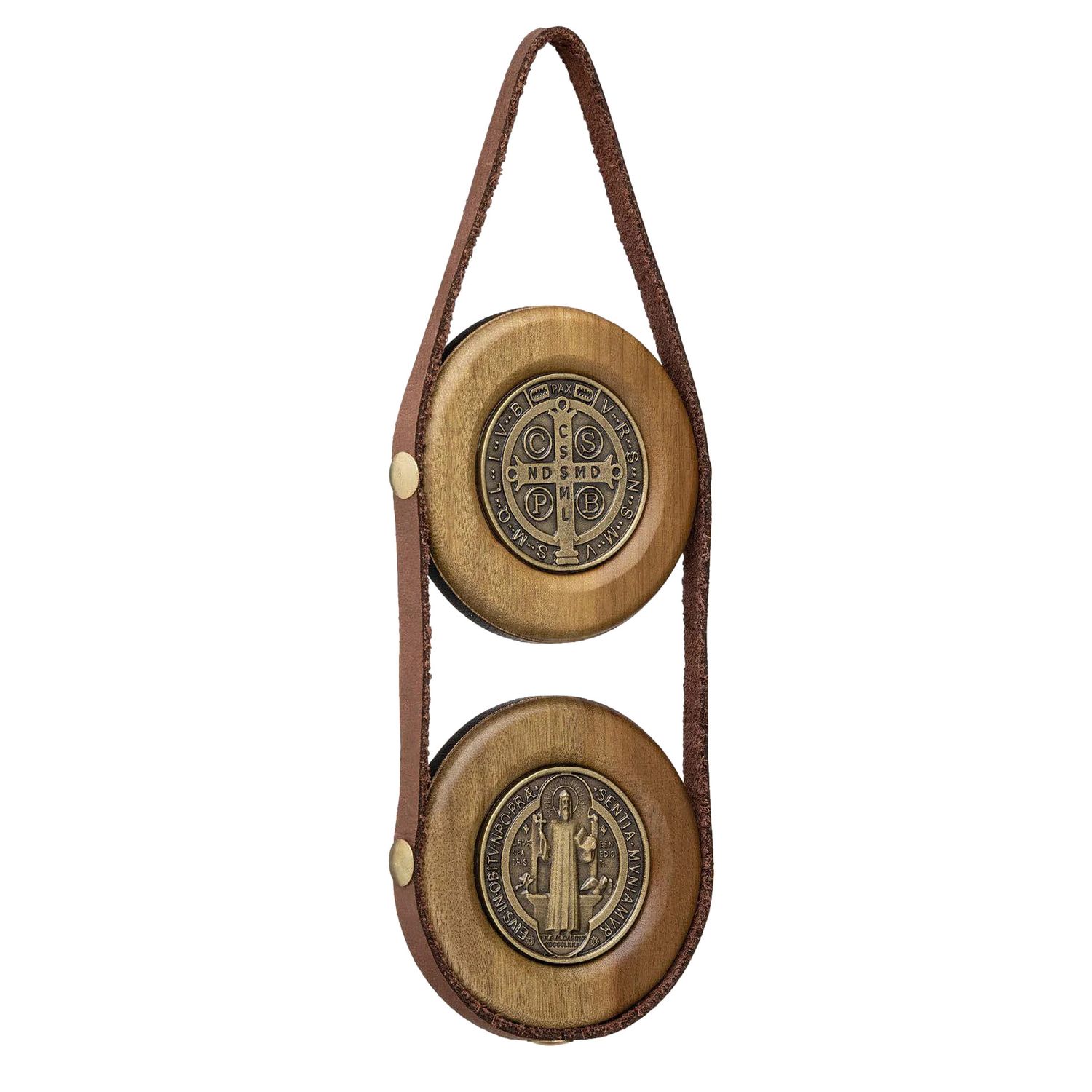 St Benedict medal door hanger- wood/leather w/antique gold accents
