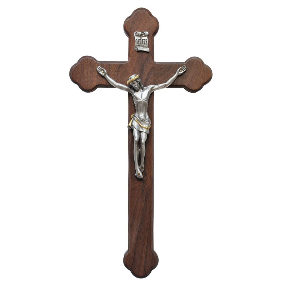 Crucifix walnut + pewter &amp; gold-trim corpus 14&quot;