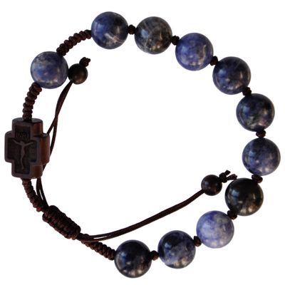 Blue Sodalite/Jujube Wood Rosary Bracelet, adjustable slip-knot brown cord 10mm