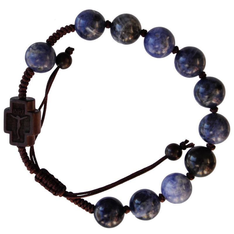Blue Sodalite/Jujube Wood Rosary Bracelet, adjustable slip-knot brown cord 10mm