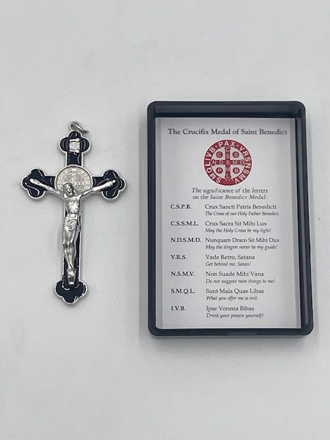 Crucifix St Benedict Flared antique silver + black enamel 3&quot; boxed