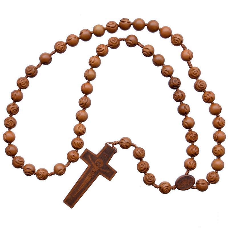 Rosary 5-decade rose-carved Jujube wood light brown 12mm