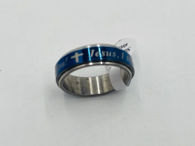 Ring stainless steel &quot;Jesus, I Trust You&quot; silver/blue spinning (assorted sizes)