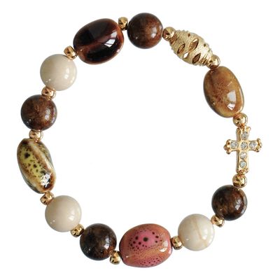 Rosary Bracelet Gemstone/Ceramic Tan/Brown 10mm