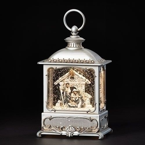 8.75&quot; Lighted Swirl Pewter Lantern Holy Family