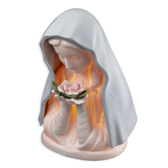 Porcelain Bisque Madonna Holding Rose with Blue Veil Night Light 7 1/4&quot;