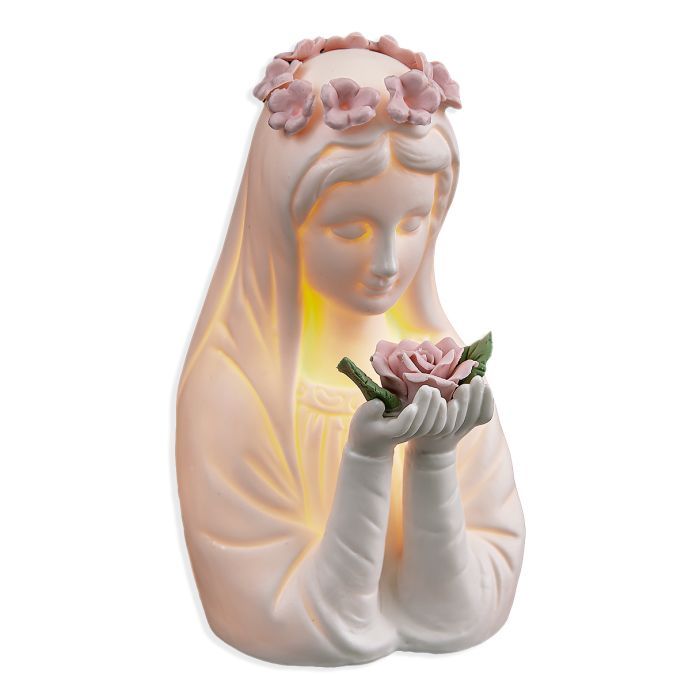 White Glazed Porcelain Bisque Madonna Holding a Rose Night Light - 5 1/2&quot;