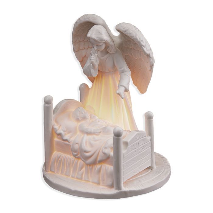 White Porcelain Bisque Guardian Angel with Baby Night Light - 5 1/2&quot;