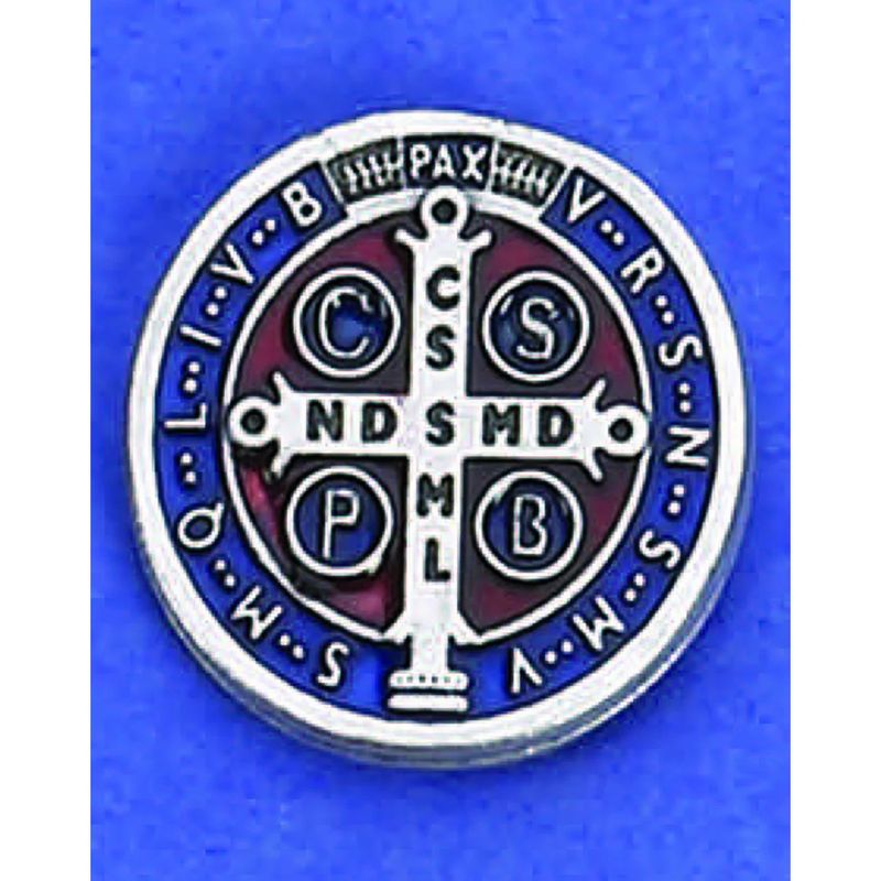 Lapel Pin St Benedict silver tone/red &amp; blue enamel 3/4&quot;