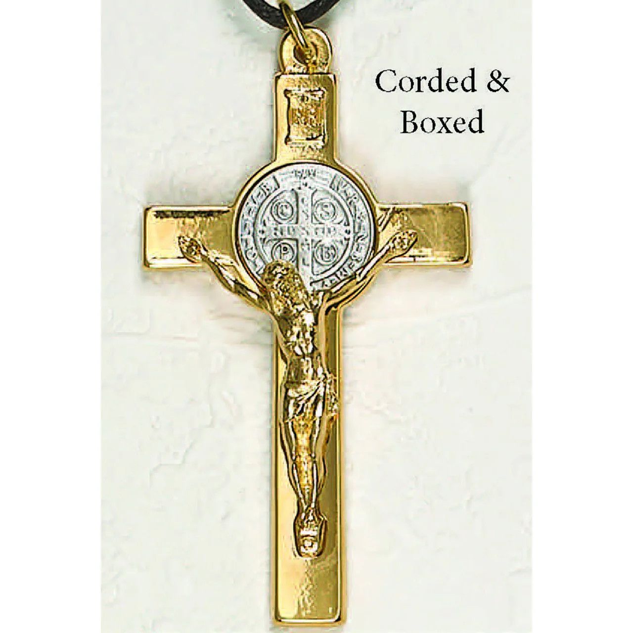 Crucifix St Benedict gold tone w/cord 3&quot;