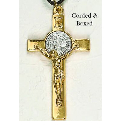 Crucifix St Benedict gold tone w/cord 3&quot;