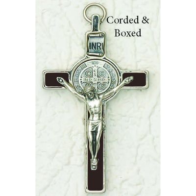 St Benedict 3&quot; Brown Enamel Silver Corpus w/cord