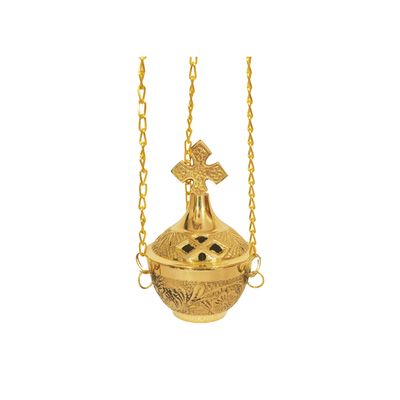 Cross Carved Hanging Brass Censer Incense Burner (4 in)