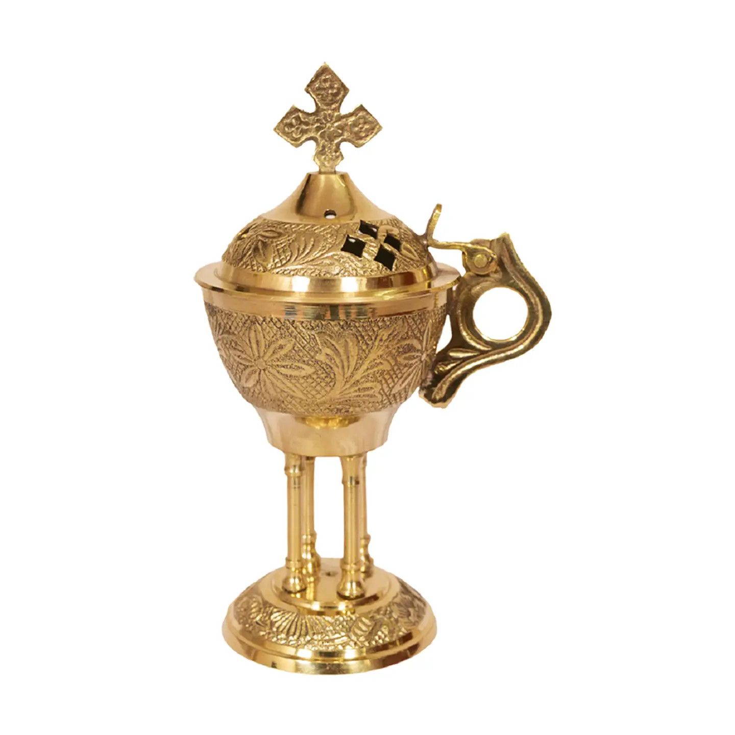 Brass Carved Cross Incense Burner w/ Hinge (6 in)