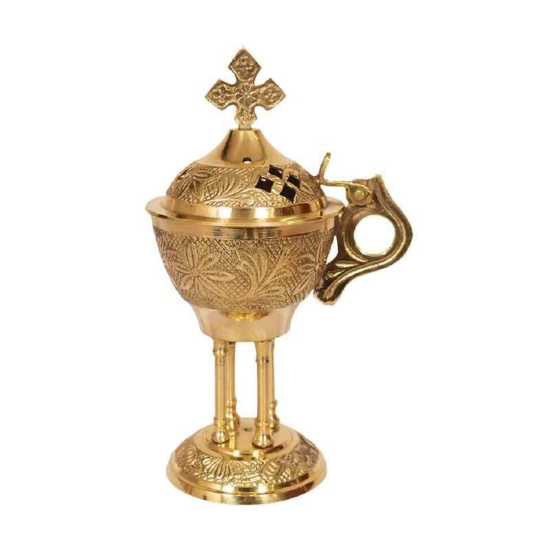 Brass Carved Cross Incense Burner w/ Hinge (6 in)