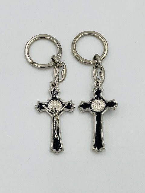 Keychain St Benedict  Black Enamel &amp; Silver Crucifix 2"
