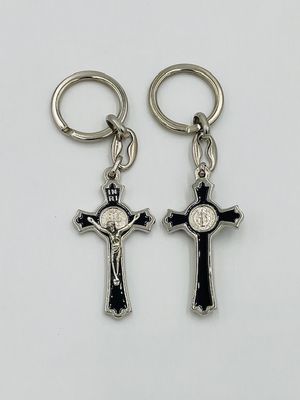 Keychain St Benedict  Black Enamel &amp; Silver Crucifix 2"